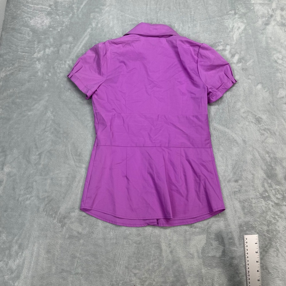Worthington Purple Rosette Accent Short Puff Sleeve Button Down Blouse Small - Picture 2 of 5
